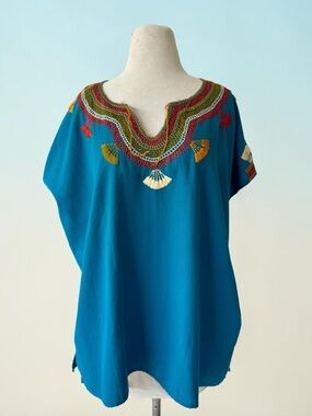 Vtg Embroidered Mexican Chiapas Tunic Top Teal Cotton Sz XL Huipil Peasant Boho